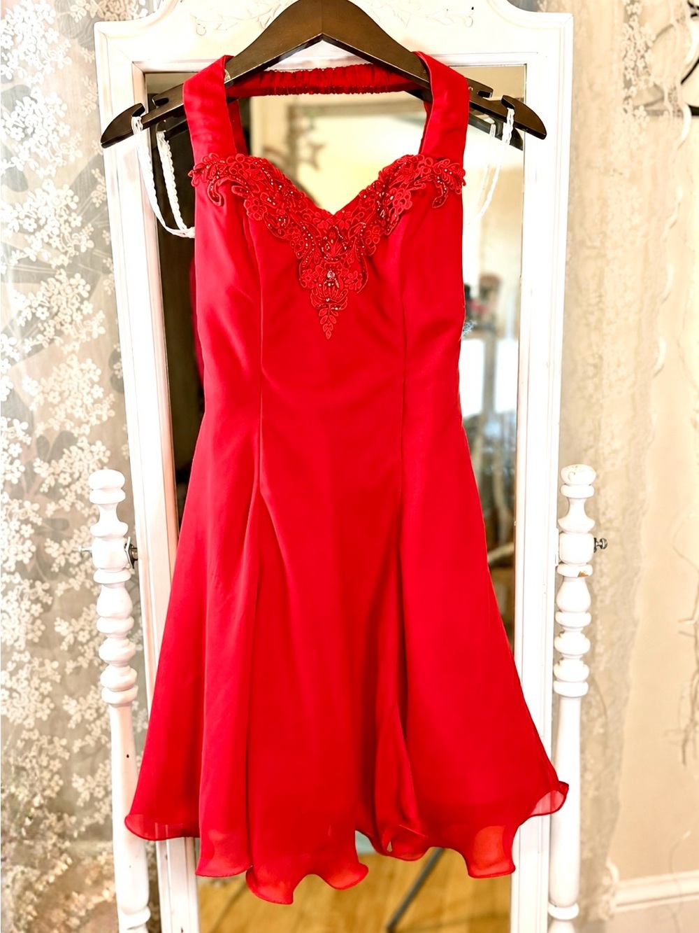 Vintage Steppin’ Out Red Halter Beaded Chiffon Party Dress | Y2K Fairycore | USA